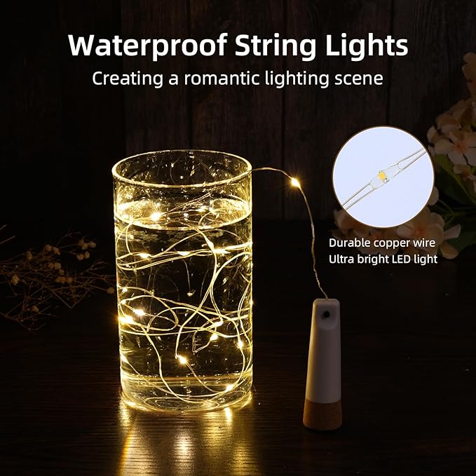 Wine Bottle Lights - 4 Pack Rechargeable Battery Operated 140mAh 20 LED Bottle Stoppers，8 Light Modes Switching,Perfect for Christmas, Weddings, Halloween, and More(Warm)