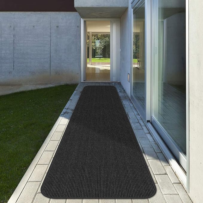 House, Home and More Indoor Outdoor Double-Ribbed Carpet Runner with Skid-Resistant Rubber Backing - Smokey Black - 3 Feet x 15 Feet