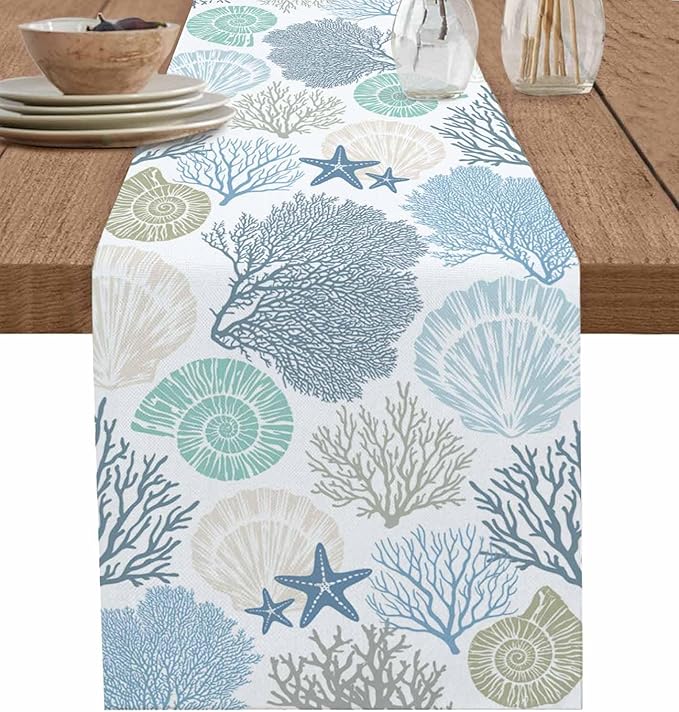 Coastal Coral Cotton Linen Table Runner for Dining Kitchen, Wedding Outdoor Party Tablerunners Decoration, Blue Nautical Starfish Ocean Shell Beach Dresser Scarf Coffee Tablecloth Runners 13''x108''