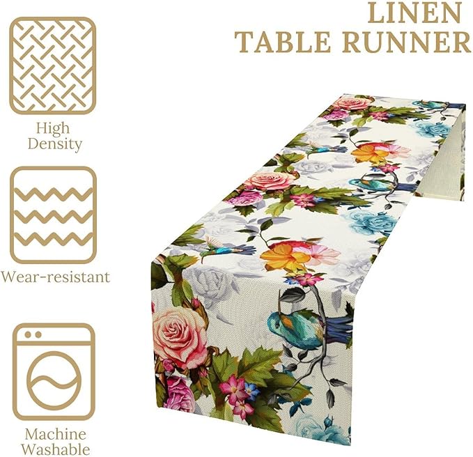 Hummingbird Table Runner,Vintage Floral Country Style Table Cloth Home Kitchen Restaurant Party Decoration 13x72 Inch