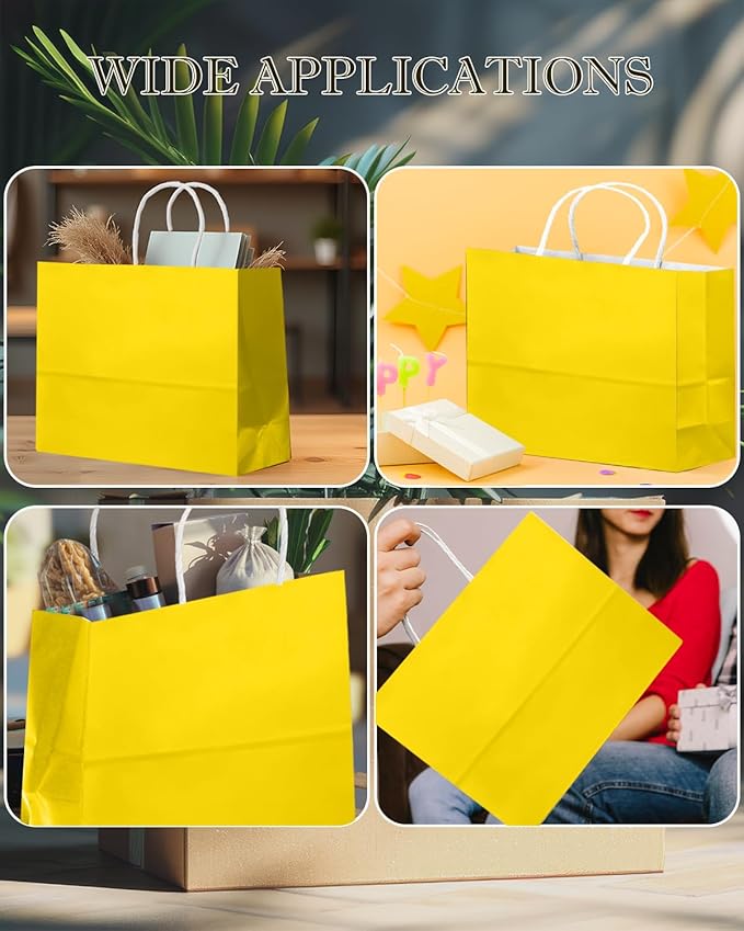qiqee 50-Packs Bright Yellow Paper Gift Bags with Handles Bulk 12.6"x4.3"x10" Wide Large Size Party Favor Bags Multiple Uses