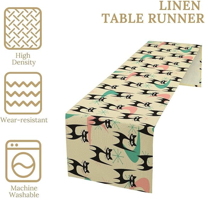 Mid Century Table Runner,Cat Geometric Stripe Colorful Abstract Pattern Print Tablecloth Burlap for Hotel Indoors Outdoor Dining Room Kitchen Holiday Party, 13x70in