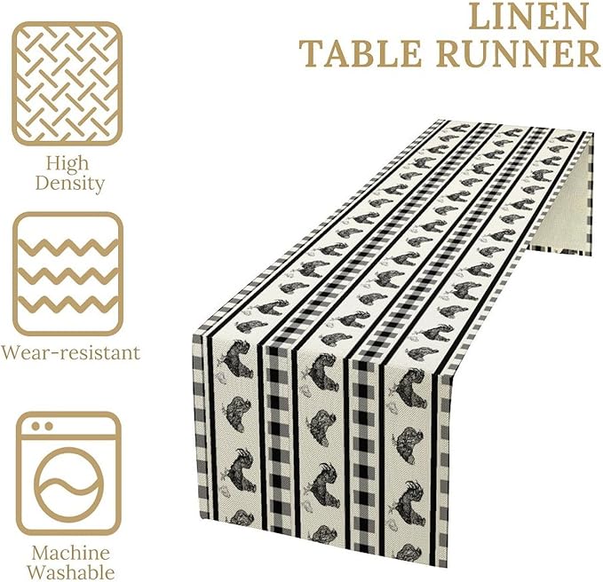 Rooster Table Runner,Farmhouse Animal Vintage Chicken Black White Plaid Check Tablecloth Burlap for Hotel Indoors Outdoor Dining Room Kitchen Home Decor,W13X L80 in