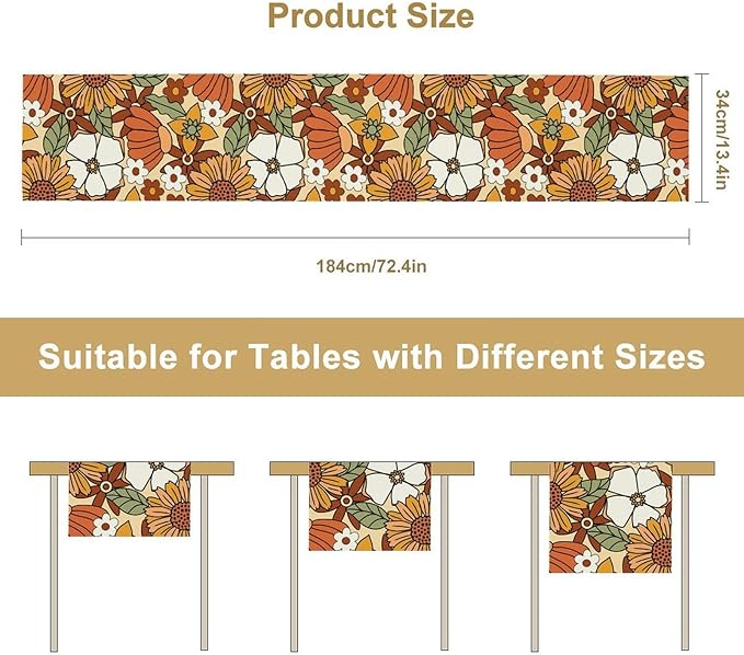 Vintage Floral Table Runner,Boho 70s Style Retro Flower Table Cloth Kitchen Dining Table Home Party Decoration 13x120 Inch