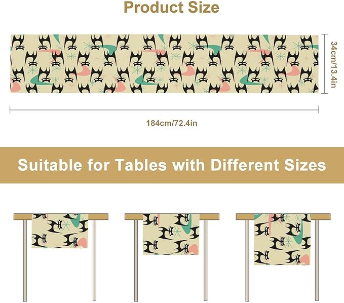 Mid Century Table Runner,Cat Geometric Stripe Colorful Abstract Pattern Print Tablecloth Burlap for Hotel Indoors Outdoor Dining Room Kitchen Holiday Party, 13x36in