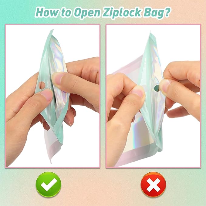 Funfery 100 Pack Gradient Holographic Bags,Mylar Resealable Bag with Zipper,Clear Window Packaging Pouch,Smell Proof Bags for Food Storage,Sample Jewelry Baggies(3.1x5.1In,Green Pink)