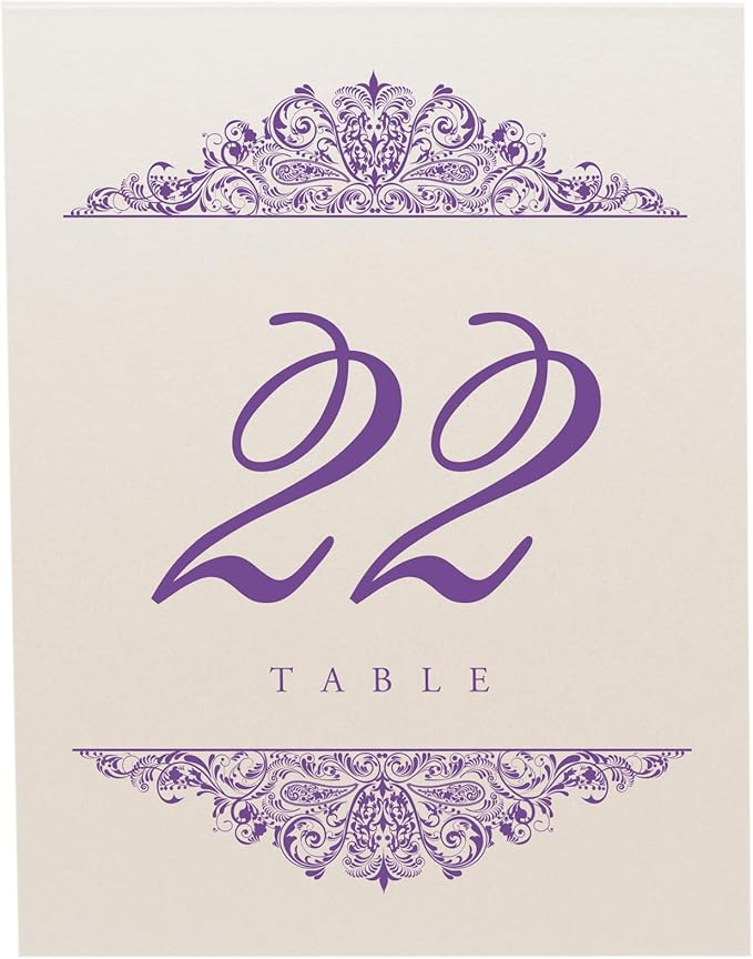 Paisley Wedding Table Numbers (Select Color/Quantity), Champagne, Purple, 1-25, Double Sided, Tent or Use in a Stand, Great for Parties & Restaurants - Made in the USA