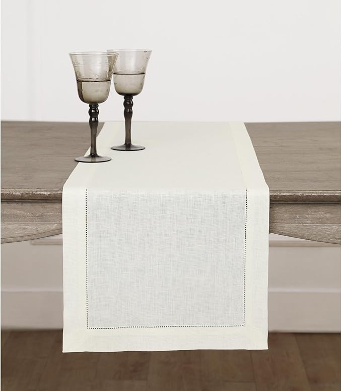 Solino Home Linen Ivory Table Runner 60 Inches - Classic Hemstitch, 100% Pure Linen Coffee Table Runner 14 x 60 Inch Ideal for Dresser Tables - Fall, Halloween, Thanksgiving, Christmas, Holiday