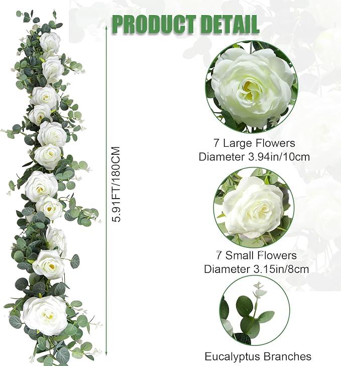 6FT Artificial Eucalyptus Garland with 14 Fake White Rose Flowers - Floral Greenery Decoration Vine for Wedding Centerpieces, Table Runner, Backdrop, Arch Wall Decor,Indoor/Outdoor (2 PCS)