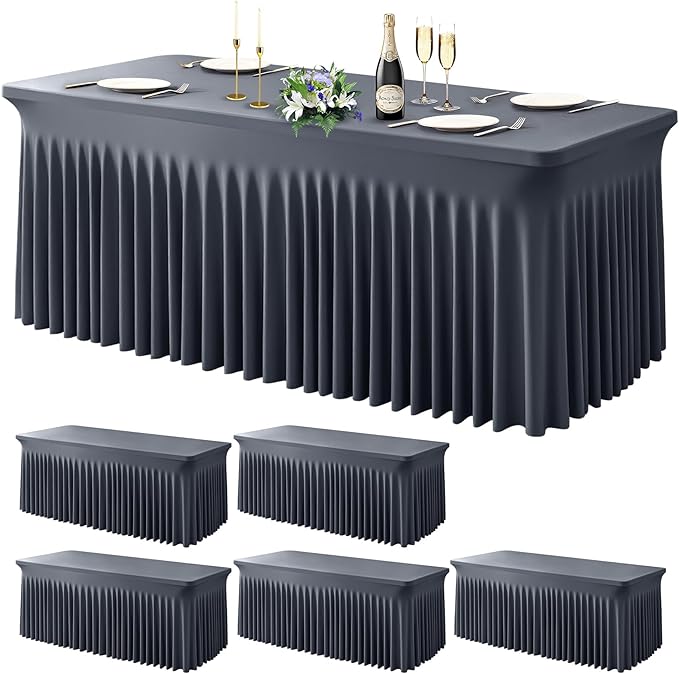 Wish Care 6 Pack Gray Spandex Table Clothes for 8 Foot Rectangle Tables, 8FT Wrinkle Free Fitted Tablecloths Ruffles Design Table Cover for Party, Banquet, Wedding and Events