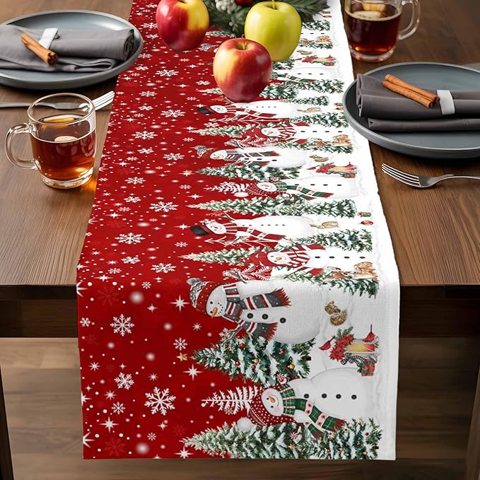 Christmas Snowman Cotton Linen Table Runner for Dining Kitchen, Xmas Tree White Snowflakes Winter Wedding Outdoor Party Tablerunners Decoration, Dresser Scarf Coffee Tablecloth Runners 13x36 Inches