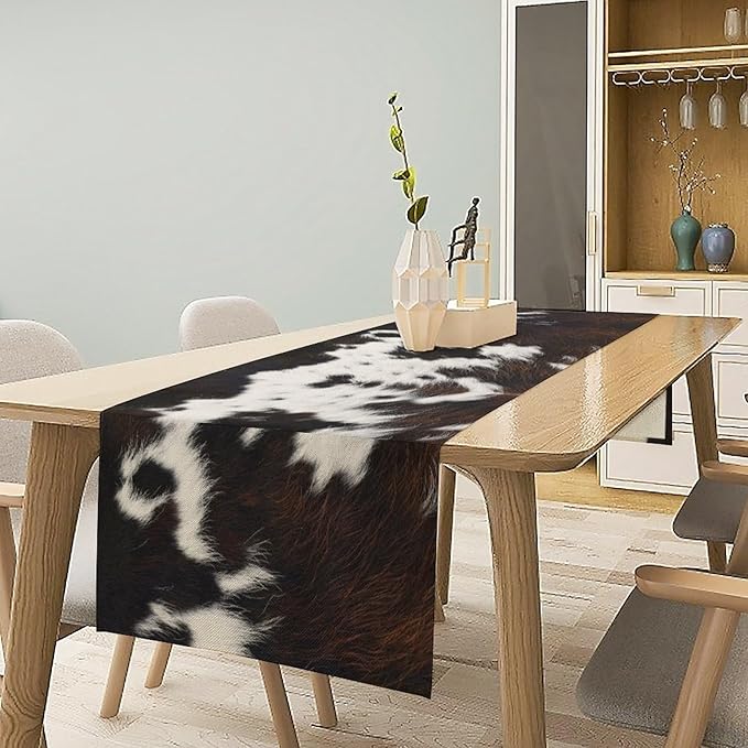 Cow Print Table Runner, Brown Cowhide Print Western Style Table Runner Country Farmhouse Cottage Cow Patten Table Decoration for Home Kitchen Dining, 13x70 Inch