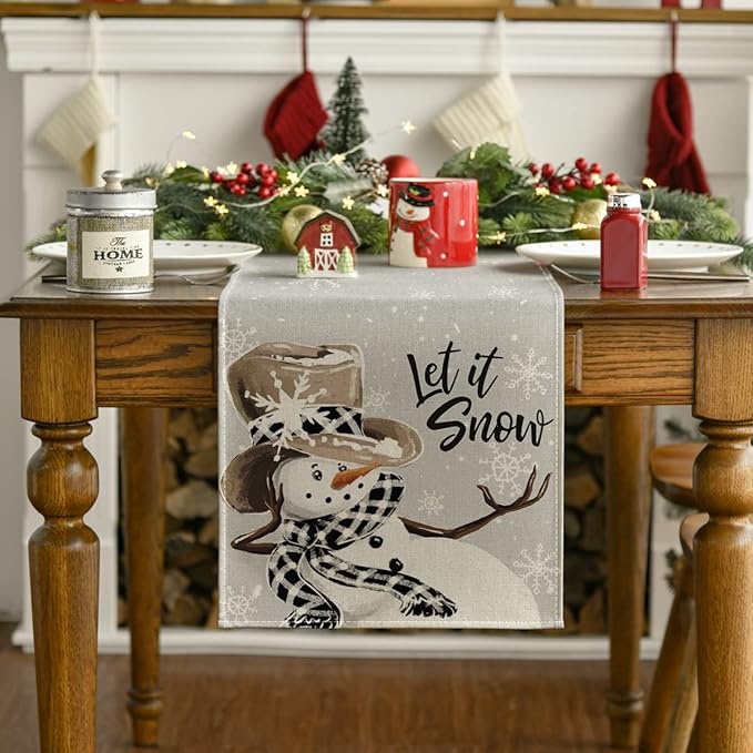 Artoid Mode Grey Snowman Snowflake Let it Snow Christmas Table Runner, Seasonal Winter Kitchen Dining Table Decor for Home Party Indoor 13x120 Inch