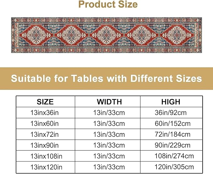 Boho Floral Vintage Table Runner, Red Blue Retro Flower Rustic Country Farmhouse Pattern for Home Kitchen Table Decor Dining Coffee Room Party Decor 13x120in