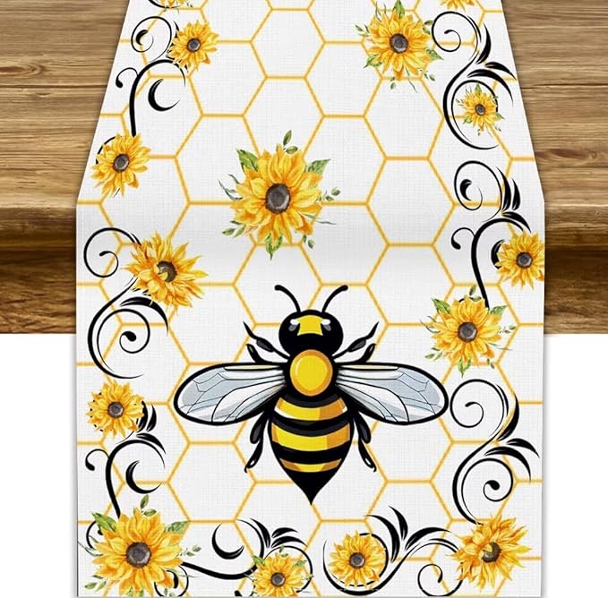 Bee Sunflower Table Runner, Farmhouse Orange Honeycomb Vintage Spring Summer Flowers Print Table Cover for Party Wedding Home Kitchen Dining Table Decor, 13x90inch