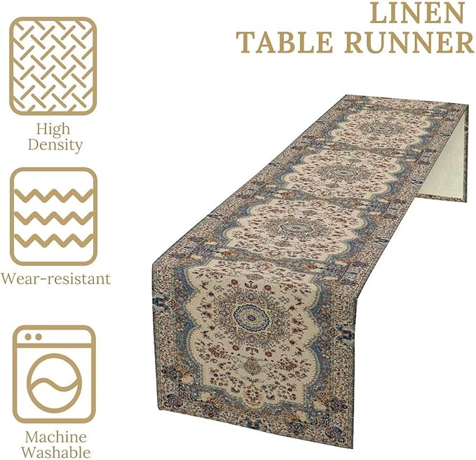 Boho Bohemia Style Table Runner, Vintage Blue Teal Gold Retro Flower Rustic Country Style Floral Print Pattern for Home Kitchen Table Decor Dining Coffee Room Garden Party Decor 13x108in