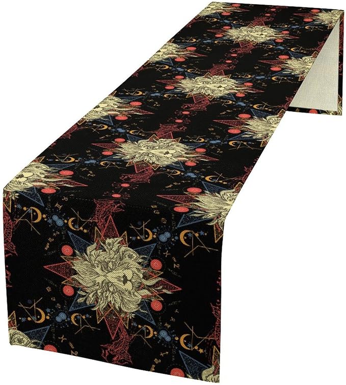 Boho Moon Lion Table Runner, Chinese Fish Phase of The Moon Sun Moon Table Runner for Kitchen Dining Table Home Party,13x90 Inch Black Red