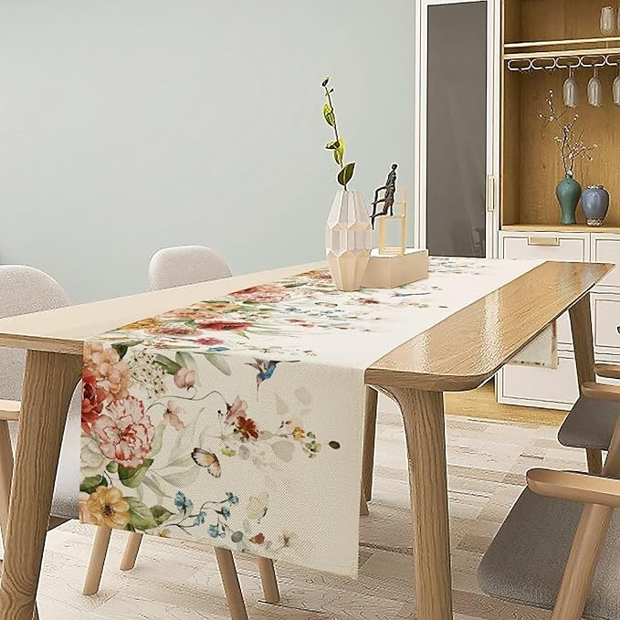 Rustic Floral Table Runner, Watercolor Flower Leaves Hummingbird Butterfly Farmhouse Kitchen Dinning Table Runner for Indoor Outdoor Home Wedding Party Holiday, 13x36 Inch