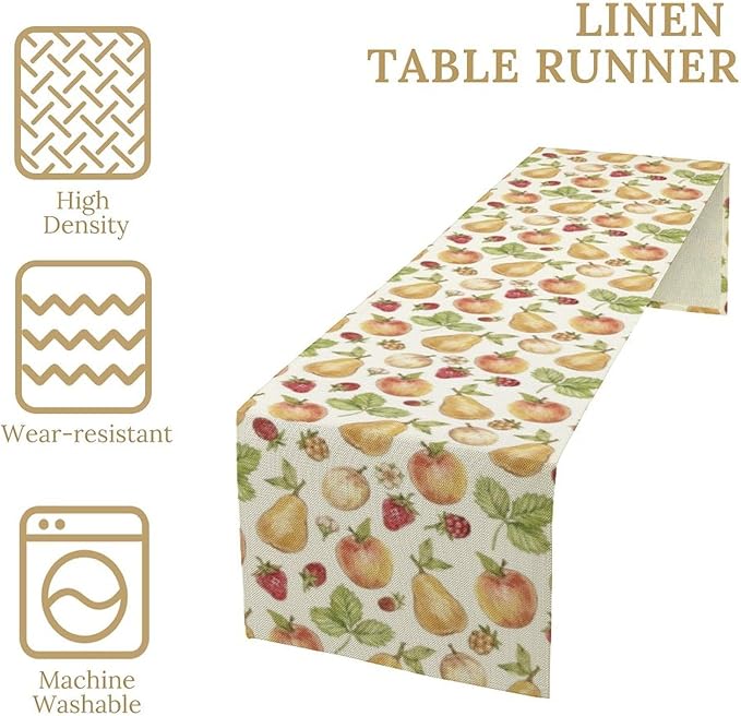 Vintage Spring Summer Fruit Table Runner Watercolor Pear Strawberry Leaves Dinner Runner for Farmhouse Party Holiday Home Kitchen Dining Table Decor 13x120