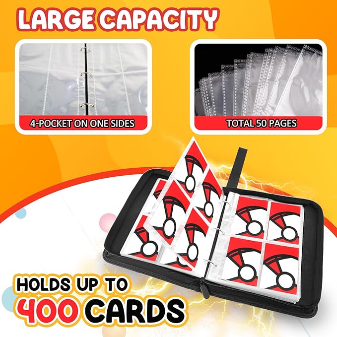 Trading Card Binder 4-Pockets, 400 Pockets Card Holder with 50 Removable Sleeves, Large Capacity & Waterproof Zipper Album Holder for Trading Card Collector, Portable Card Album Book for Game Card-Red