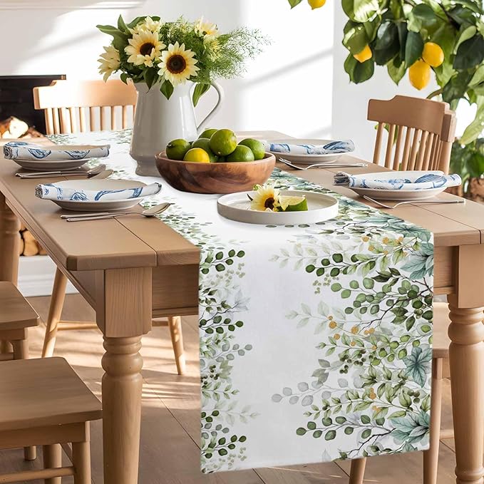 Sage Green Eucalyptus Cotton Linen Table Runner for Dining Kitchen, Farmhouse Leaves Wedding Outdoor Party Tablerunners Decoration Botanical Floral Dresser Scarf Coffee Tablecloth Runners 13x60 Inches