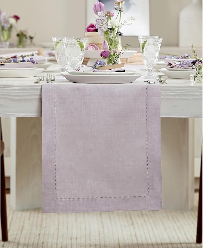 Solino Home Linen Lilac Table Runner 108 Inches Long - 100% Pure Linen 14 x 108 Inch Table Runner for Fall, Autumn, Thanksgiving, Christmas - Classic Hemstitch