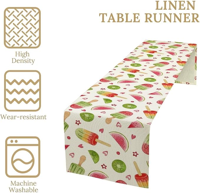 Summer Popsicles Table Runner, Colorful Watercolor Ice Cream Loves Heart Seasonal Dinner Runner for Party Holiday Home Kitchen Dining Table Decor 13"x60"