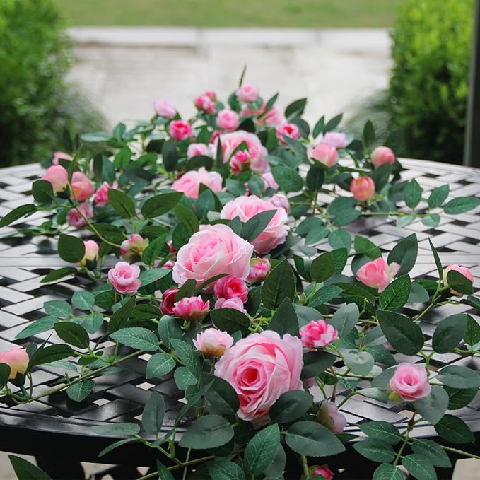 6FT Pink Flower Garland Artificial Rose Vines Hanging Floral Garland for Home Decor Wall Trellis Fence Wall Decoration (Pink 2pcs)
