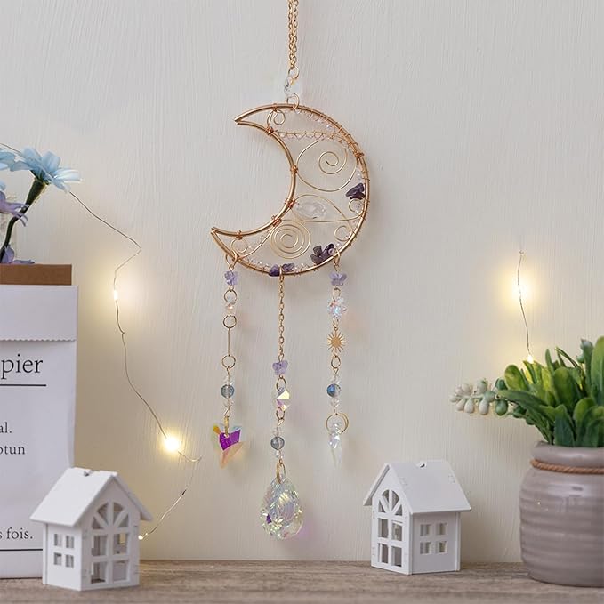 TUOKING Crystal Moon Suncatchers for Window Hanging Natural Healing Stones Wind Chimes Sun Catcher Rainbow Maker Good Luck Gifts Decor for Home Garden