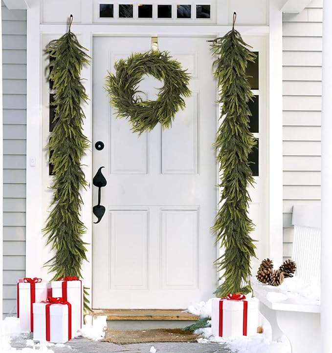 N&T NIETING 2 PCS Christmas Norfolk Pine Garland, Real Touch Pine Garlands Faux Greenery Garland Winter Christmas Garland for Table Mantle Fireplace Holiday Indoor Outdoor Xmas Decorations (6 FT)