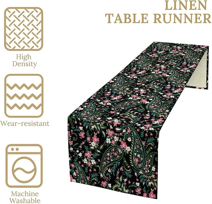 Paisley Table Runner, Abstract Vintage Boho Pink Paisley Flowers Green Teal Leaves Print Table Runner for Dinning Holiday Party Indoor Outdoor Decor, 13x36inch