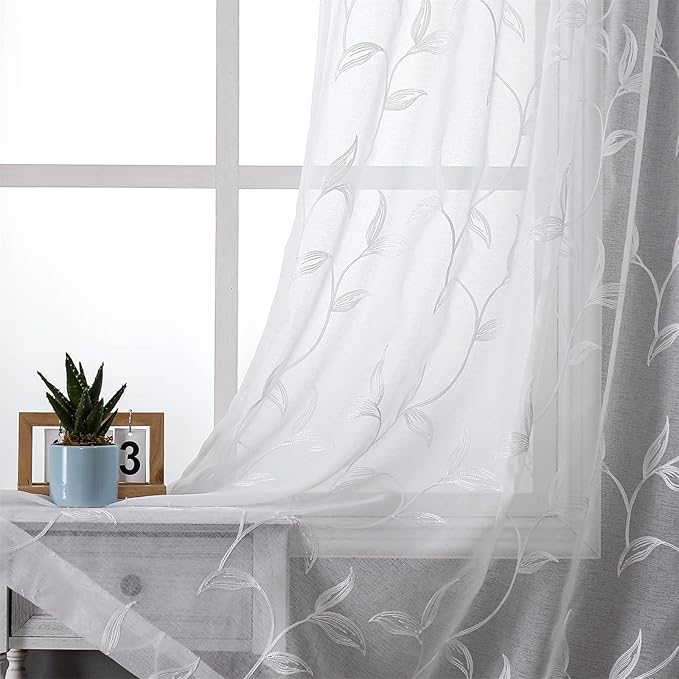 VISIONTEX White Sheer Voile Curtains, Decorative White Embroidery Faux Linen Rod Pocket Window Drapes for Home Kitchen, Living Room and Bedroom 54 x 72 Inch, Set of 2 Curtain Panels