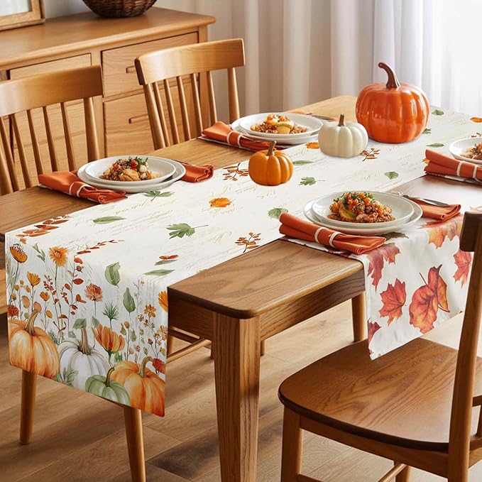 Fall Wildflowers Cotton Linen Table Runner for Dining Kitchen, Thanksgiving Pumpkin Outdoor Party Rustic Tablerunners Decoration, Botanical Floral Vintage Dresser Scarf Tablecloth Runners 13x36 Inches