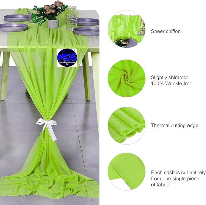 MDS Halloween Chiffon Table Runner - 25 Pack, 29 x 120 Inches, 10ft Each - Sheer Spooky Table Runners for Haunted House Parties, Trick-or-Treat Tables, Witchy Décor, Wedding & Events - Parrot Green