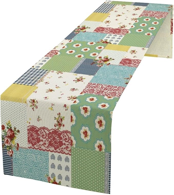 Patchwork Boho Table Runner,Vintage Colorful Floral Plaid Polka Dot Print Tablecloth Burlap for Hotel Indoors Outdoor Dining Room Kitchen Home Decor,W13X L80 in
