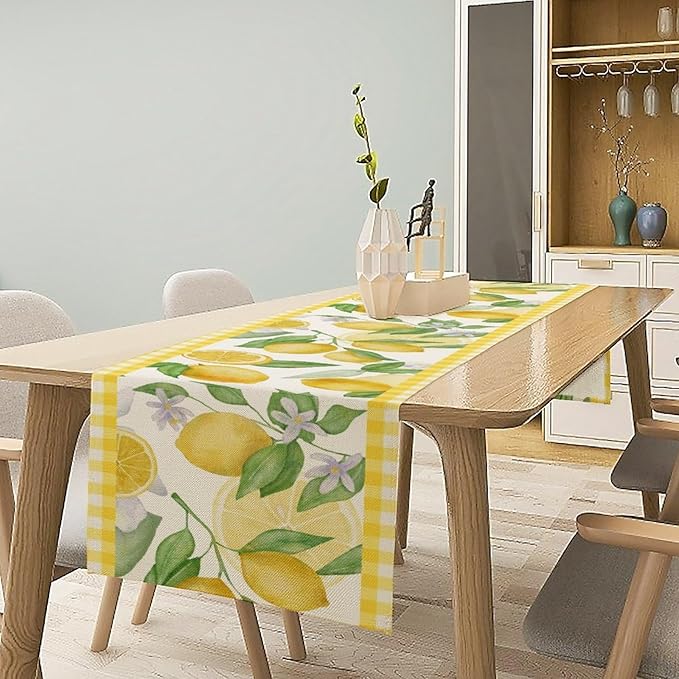 Lemon Table Runner,Yellow White Buffalo Plaid Summer Table Runner for Kitchen Dining Table Home Party Decoration 13x108 Inch