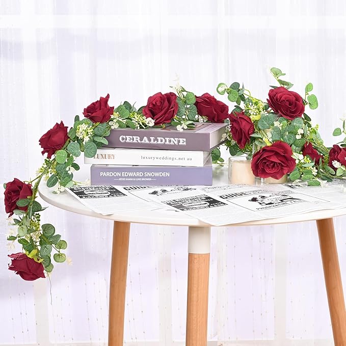 Dolicer 4Pcs 26Ft Artificial Eucalyptus Garlands with Flowers - 8 Roses, Faux Floral Greenery Garlands Fake Flowers Vines for Wedding Table Centerpieces Arch Party Ceremony Backdrop Decor (Red)