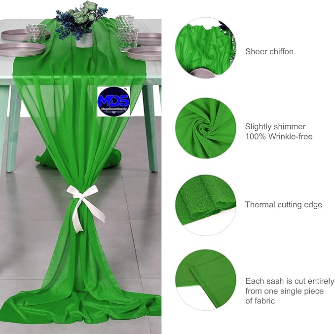 MDS Halloween Chiffon Table Runner - 10 Pack, 29 x 120 Inches, 10ft Each - Sheer Spooky Table Runners for Haunted House Parties, Trick-or-Treat Tables, Witchy Décor, Wedding & Events - Green