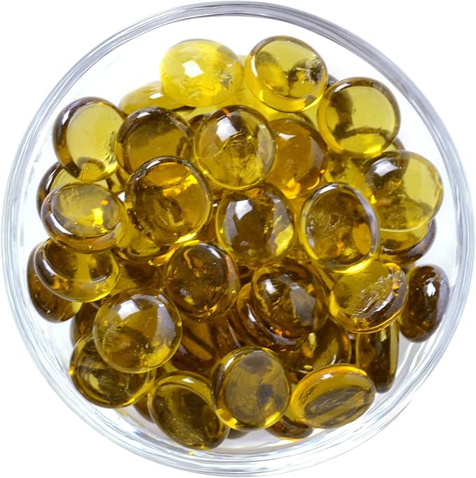KINGOU Flat Glass Gems/Marbles/Stones/Beads for Vase Filler, Table Scatter, Games - 1 Lbs (17-19mm, Approx. 3/4") (Yellow, Standard)
