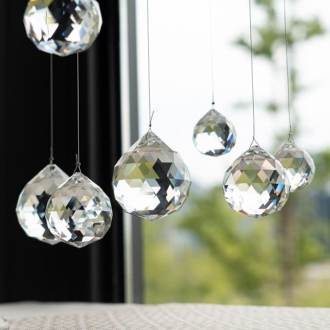 Crystalsuncatcher 10pcs Crystal Glass Ball Chandelier Prisms Pendants Parts Rainbow Crystal Suncatcher DIY Parts (20mm,Clear)