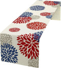 4th of July Table Runner, Blue Red Dahlia Flower American Patriotic Memorial Day Table Runner for Farmhouse Kitchen Dining Table Party Decor, 13x70inch