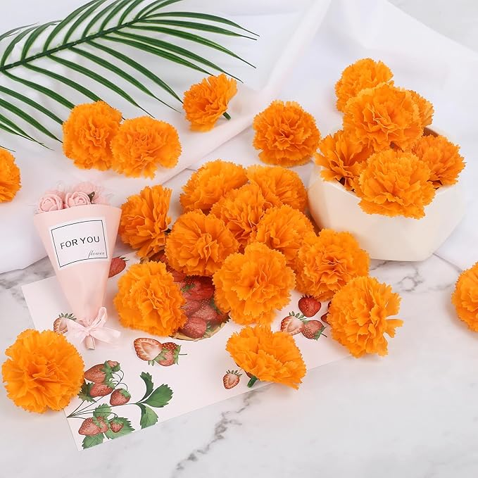 30 Pcs Artificial Marigold Flowers,3.54" Silk Marigold Flower Heads with Stems,Orange Flowers Artificial for Diwali Decor,Indian Wedding,Home,DIY Wreath Garland,Day of The Dead Decorations