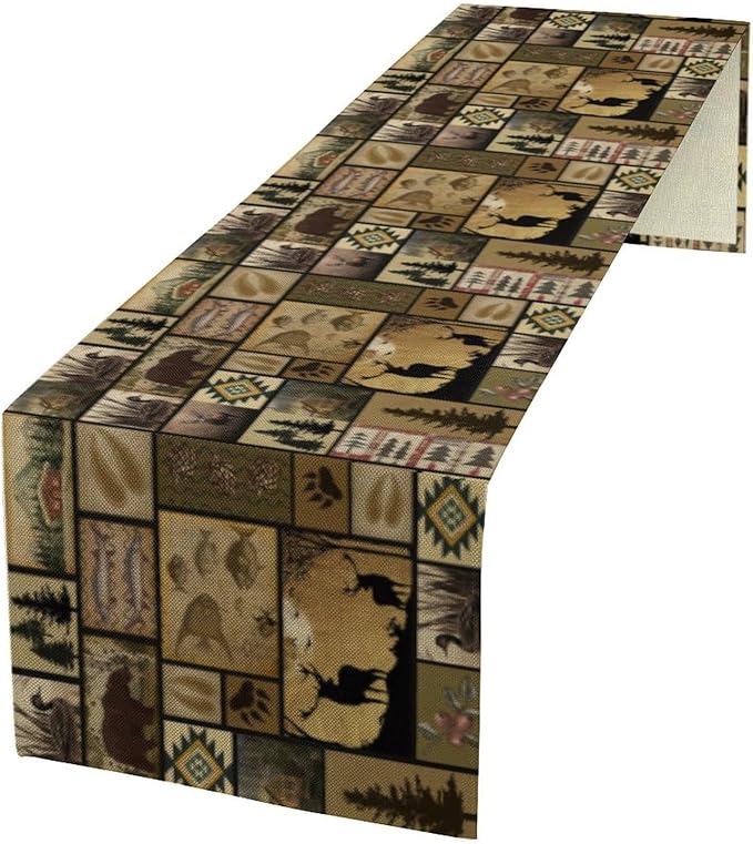 Vintage Deer Bear Table Runner, Fish Retro Farmhouse Cabin Lake Country Lodge Table Runner for Home Dinner Kitchen Living Room, 13x108 Inch