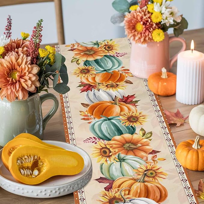 Fall Thanksgiving Southwest Cotton Linen Table Runner for Dining Kitchen, Orange Pumpkins Wedding Outdoor Party Rustic Tablerunners Decoration, Sunflower Dresser Scarf Tablecloth Runners 13x120 Inches