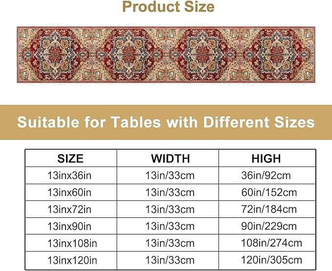 Boho Bohemia Style Table Runner, Vintage Red Brown Retro Flower Rustic Country Style Floral Print Pattern for Home Kitchen Table Decor Dining Coffee Room Garden Party Decor 13x36in