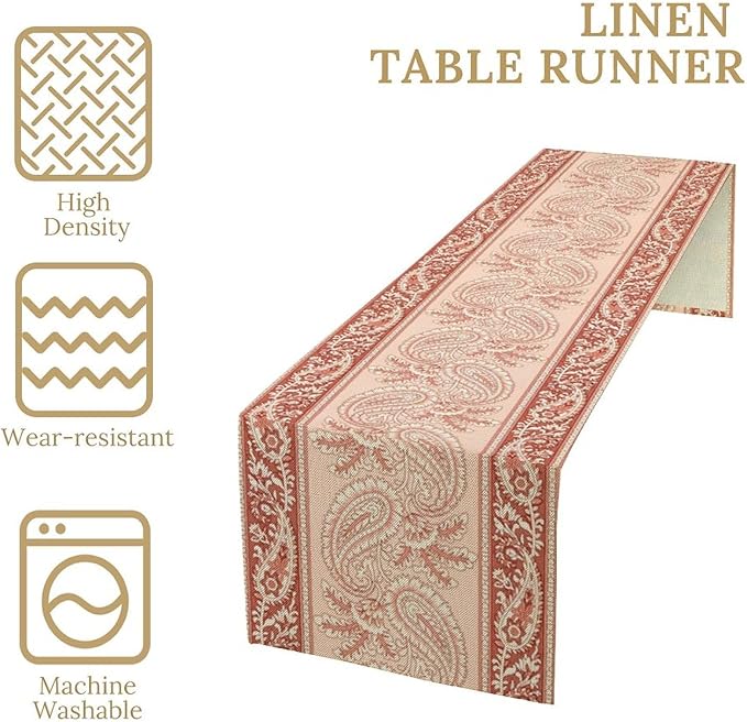 Pink Paisley Table Runner, Abstract Vintage Boho Paisley Flowers Leaves Print Table Runner for Home Kitchen Dining Room Wedding Party Decor, 13x60inch