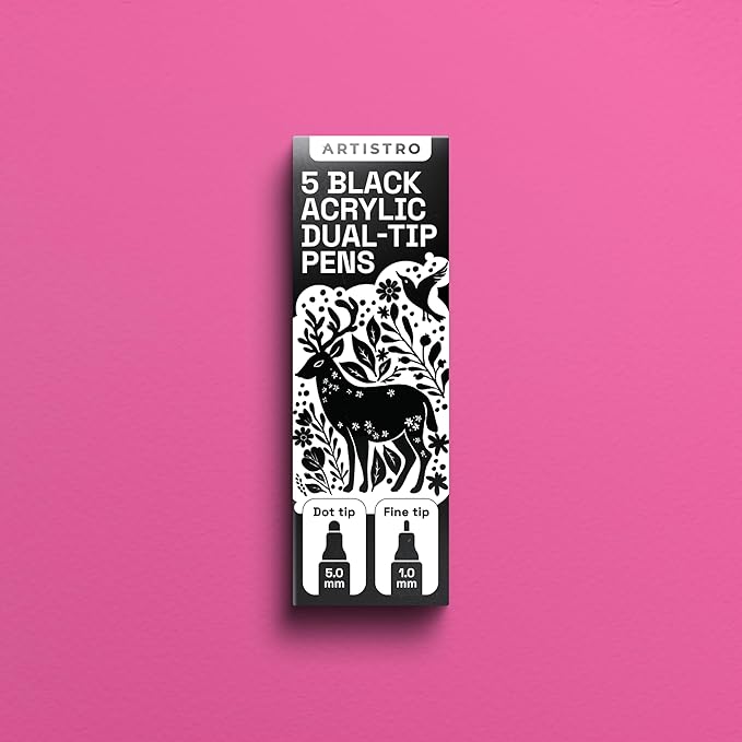 ARTISTRO 5 Black Dual-Tip Acrylic Paint Pens for Rock, Ceramic, Glass, Wood, Fabric - Black Markers for Acrylic Painting, 5mm Dot + 1mm Fine Tips