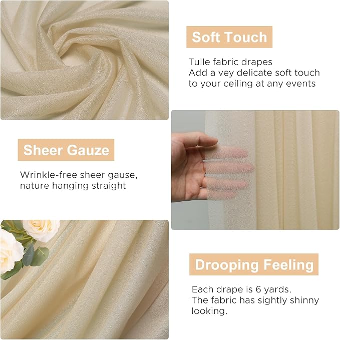 Wokceer Champagne Wedding Arch Draping Fabric Backdrop 4 Panels 28.7" X 20FT Sheer Drapes Fabric for Wedding Arbor Ceremony Party