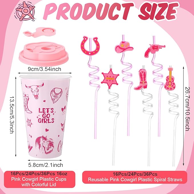 Yungyan 36 Sets Pink Cowgirl Party Favors Goodie Cups with Lids and Straws for Halloween Party Decorations Reusable 16oz Plastic Candy Cups Plastic Straws for Birthday Gift(Pink Cowgirl)