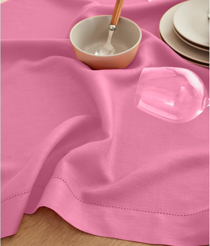 Solino Home Linen Flamingo Pink Table Runner 144 Inches Long - 100% Pure Linen Extra Long Table Runner 14 x 144 Inch for Halloween - Classic Hemstitch